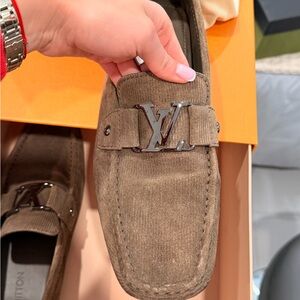 Louis Vuitton Taupe Loafers with Silver Logo